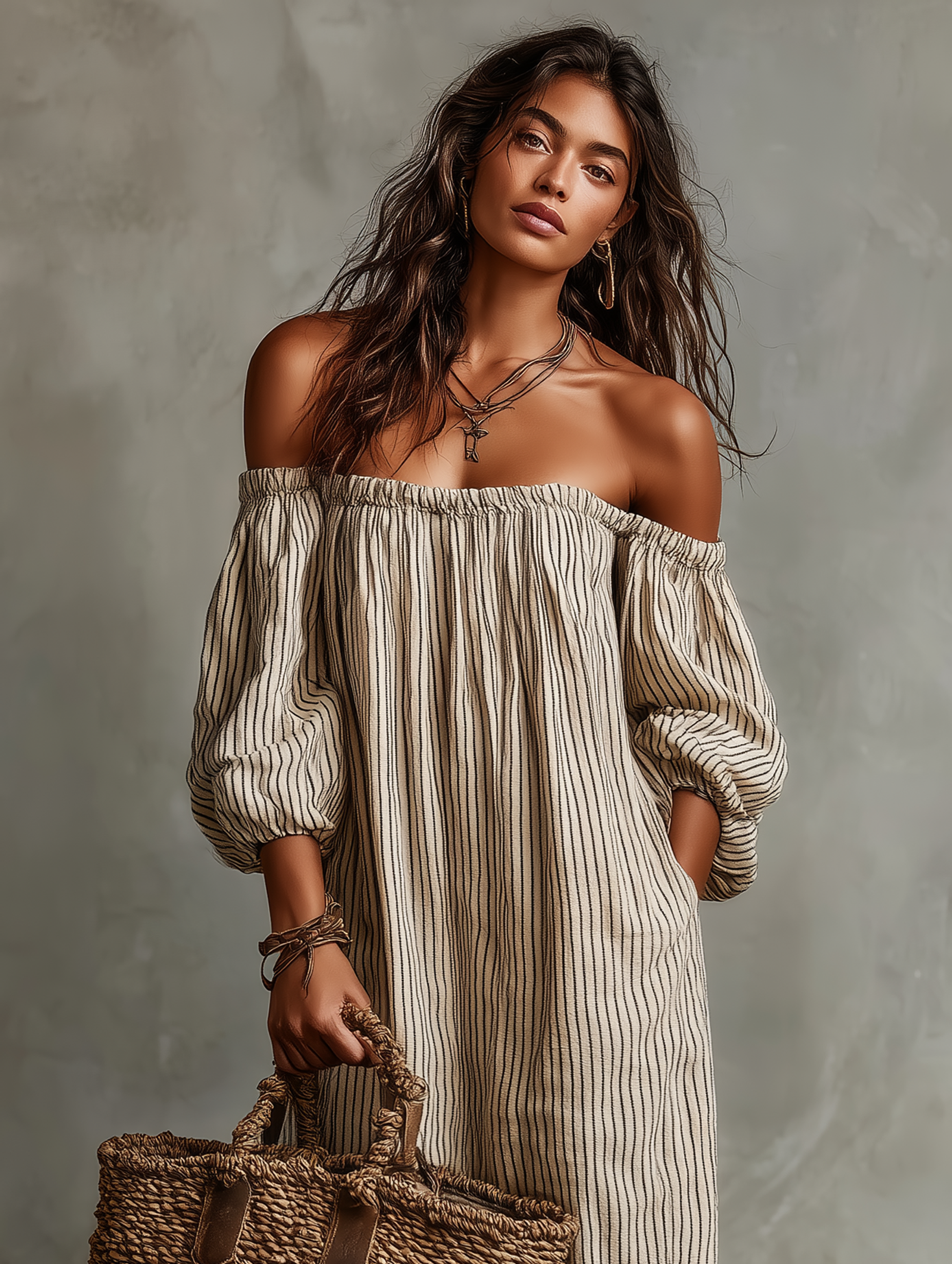 Women's Vacation Cotton-linen Blend Off-shoulder Long-sleeved Maxi Dre